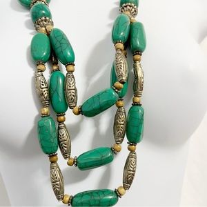 Tribal Green Beaded Statement Necklace 3 Layers Simulated Green Stone